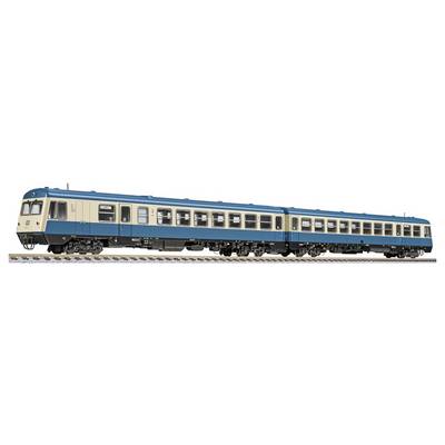 Vintage blue and cream passenger train car isolated on a white background, shown in side view.