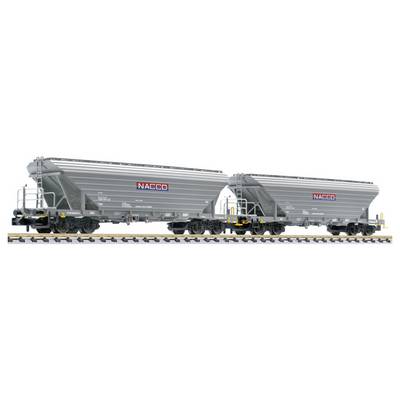 Two gray NACCO hopper railcars on tracks, shown side by side in a side-view product image.