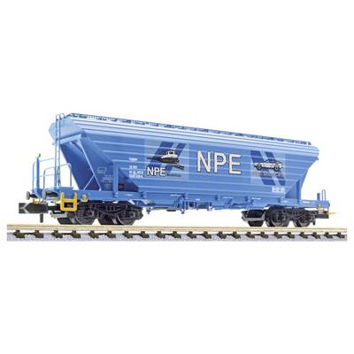 Blue NPE freight hopper railcar on tracks, with large 'NPE' lettering and logo on the side.