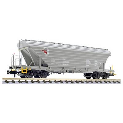 Side view of a gray covered hopper railcar on tracks, with yellow safety hardware and visible ladders, viewed on a white background.