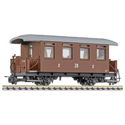 Brown vintage passenger railcar model on tracks, labeled '2 ZB 2' with gray roof and black undercarriage.
