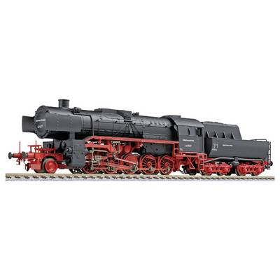 Side view of a black steam locomotive with red wheels and undercarriage, shown on a white background.