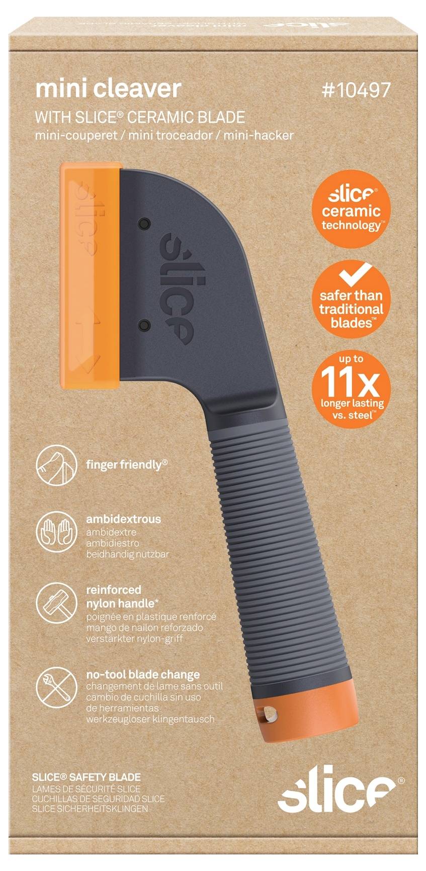 Packaging for a 'mini cleaver' #10497 with Slice ceramic blade, showing an orange-and-gray safety knife and callouts: 'safer than traditional blades', 'up to 11x longer lasting'<br>