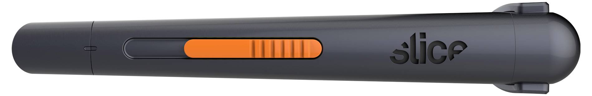 A dark gray Slice brand utility knife with an orange sliding blade control and the word "slice" printed on the handle.<br>