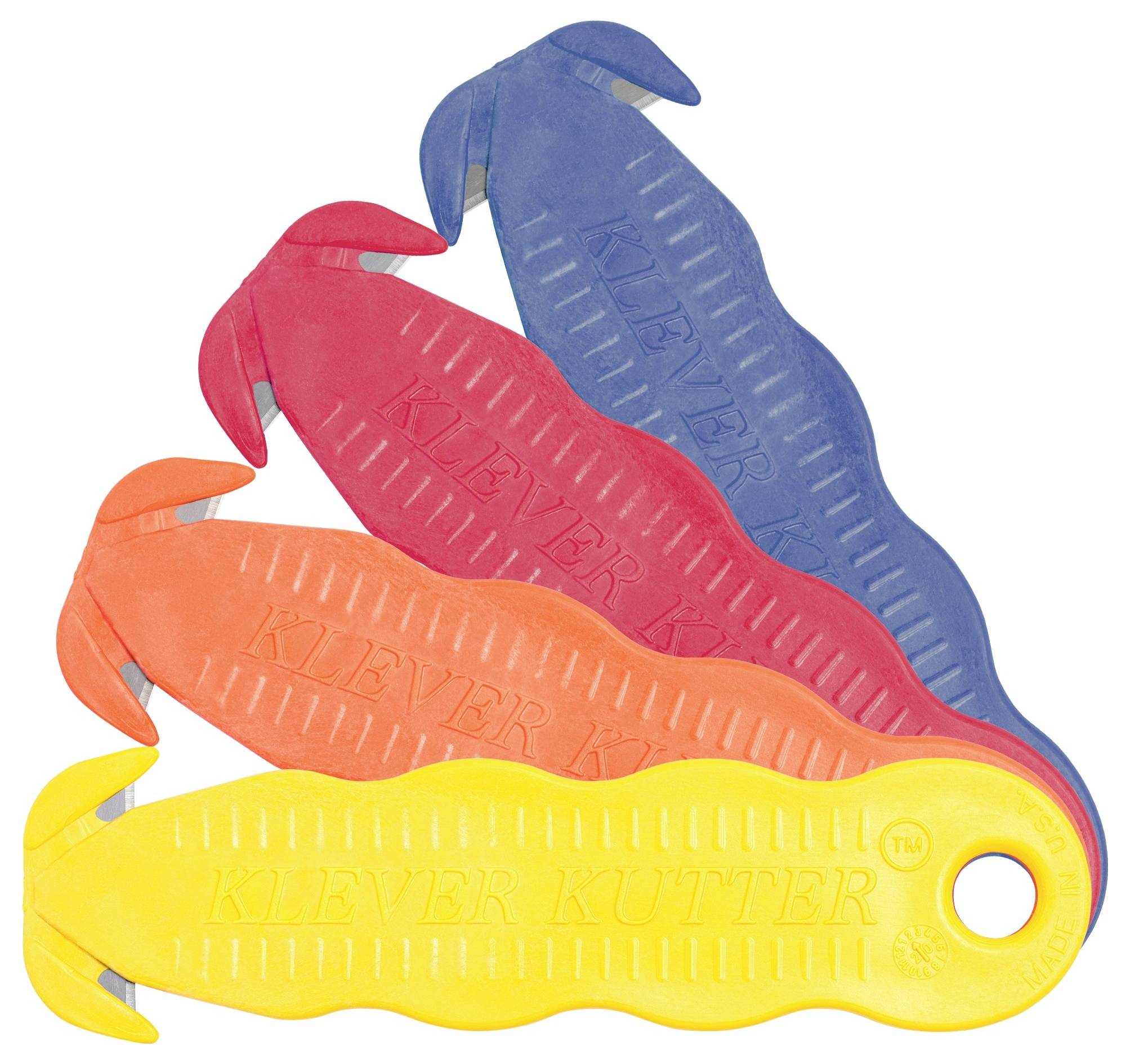 Four colorful KLEVER box cutters overlapped on a white background, in yellow, orange, red, and blue.<br>