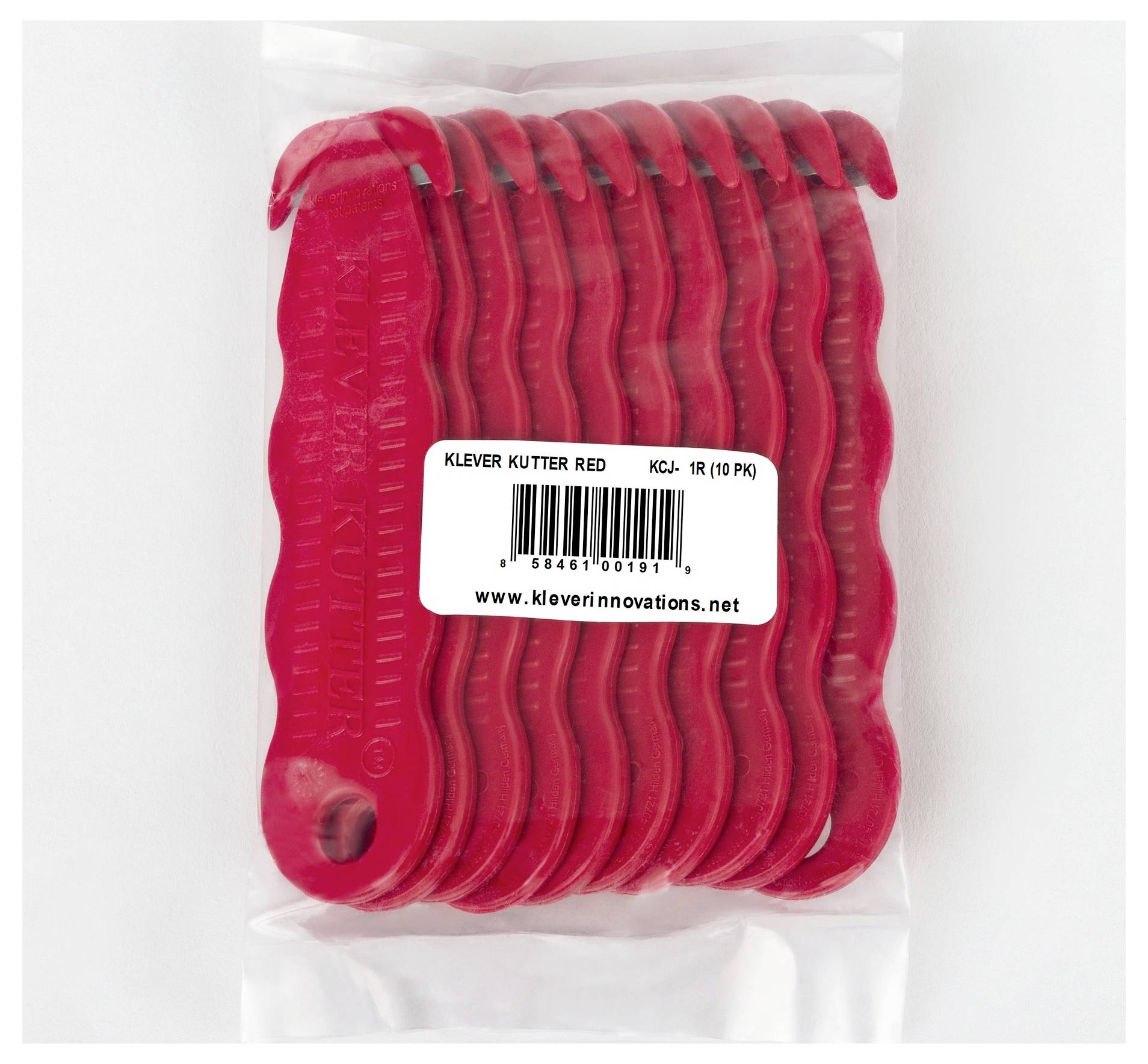 Pack of red plastic cutting tools labeled 'KLEVER KUTTER RED' in clear packaging.<br>
