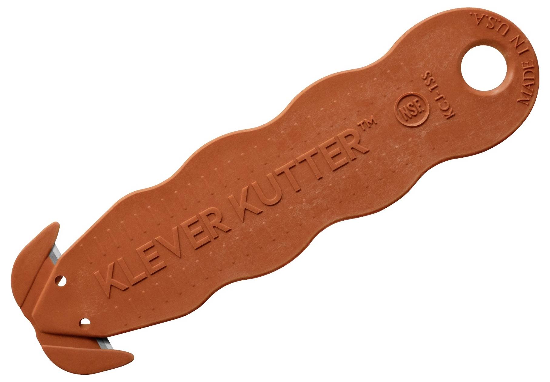 Orange plastic Klever Kutter safety cutter with hidden blade, shown on a white background<br>