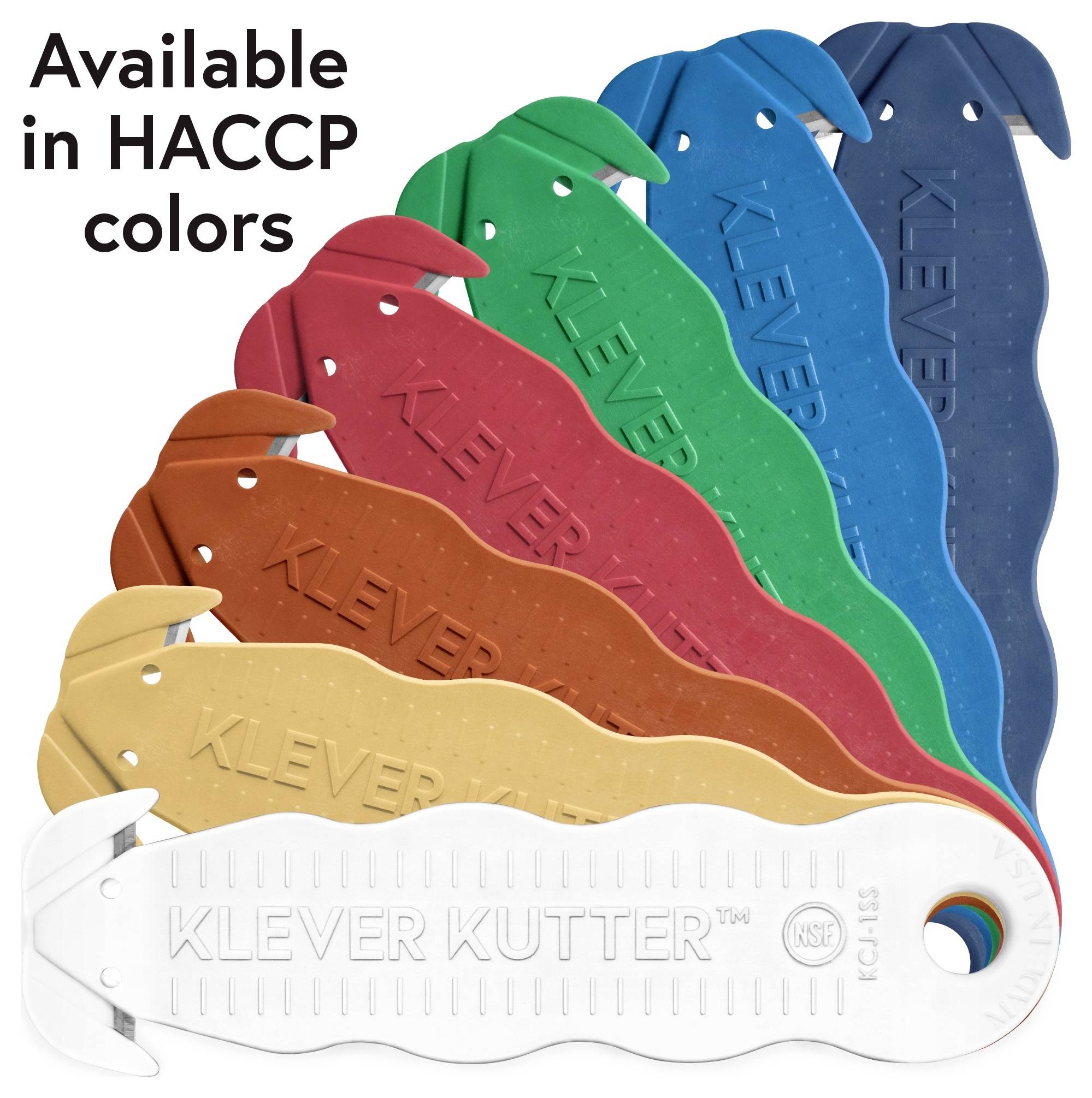 Promotional image of KLEVER KUTTER cutting tool in multiple HACCP colors, with text 'Available in HACCP colors'.