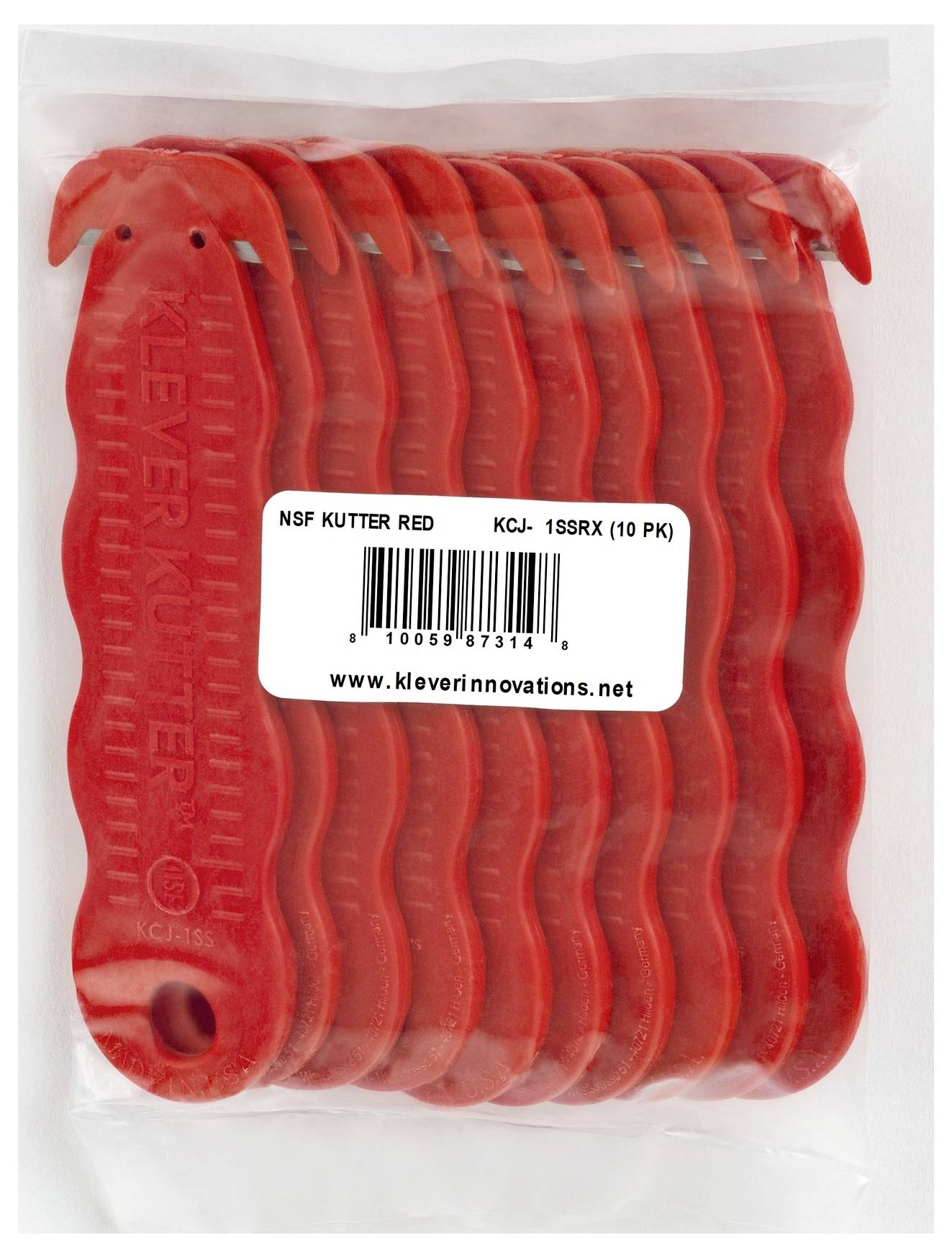 Package of 10 red NSF Kutter Red safety utility knife cutters in a clear plastic bag with product label and barcode.