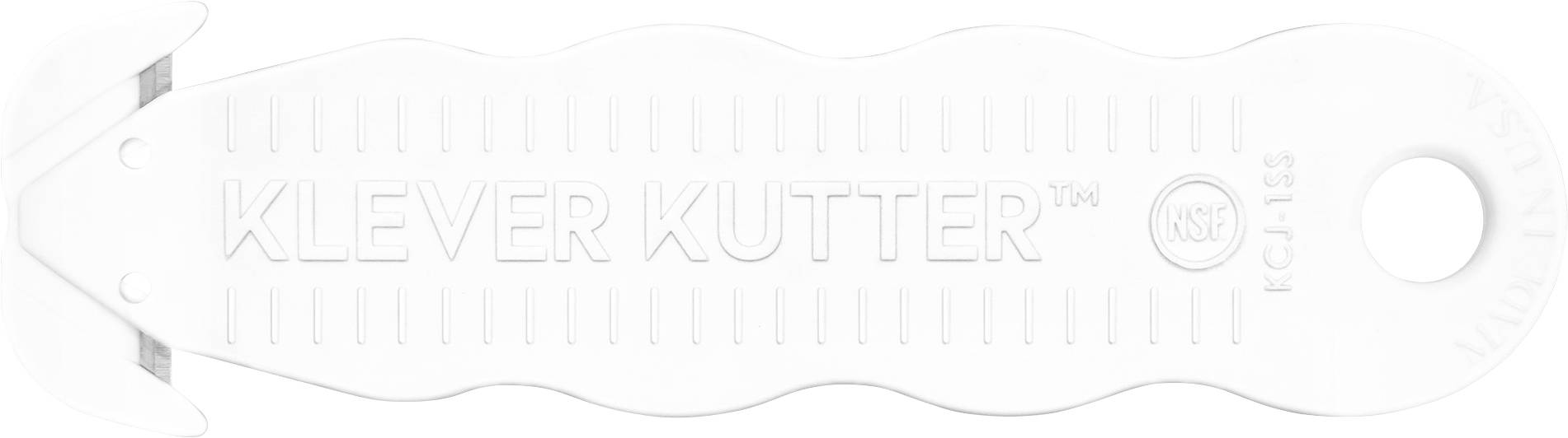 White rectangular 'KLEVER KUTTER' tool with a circular hanging hole on the right and a narrow cutting slot on the left, shown on a plain white background.