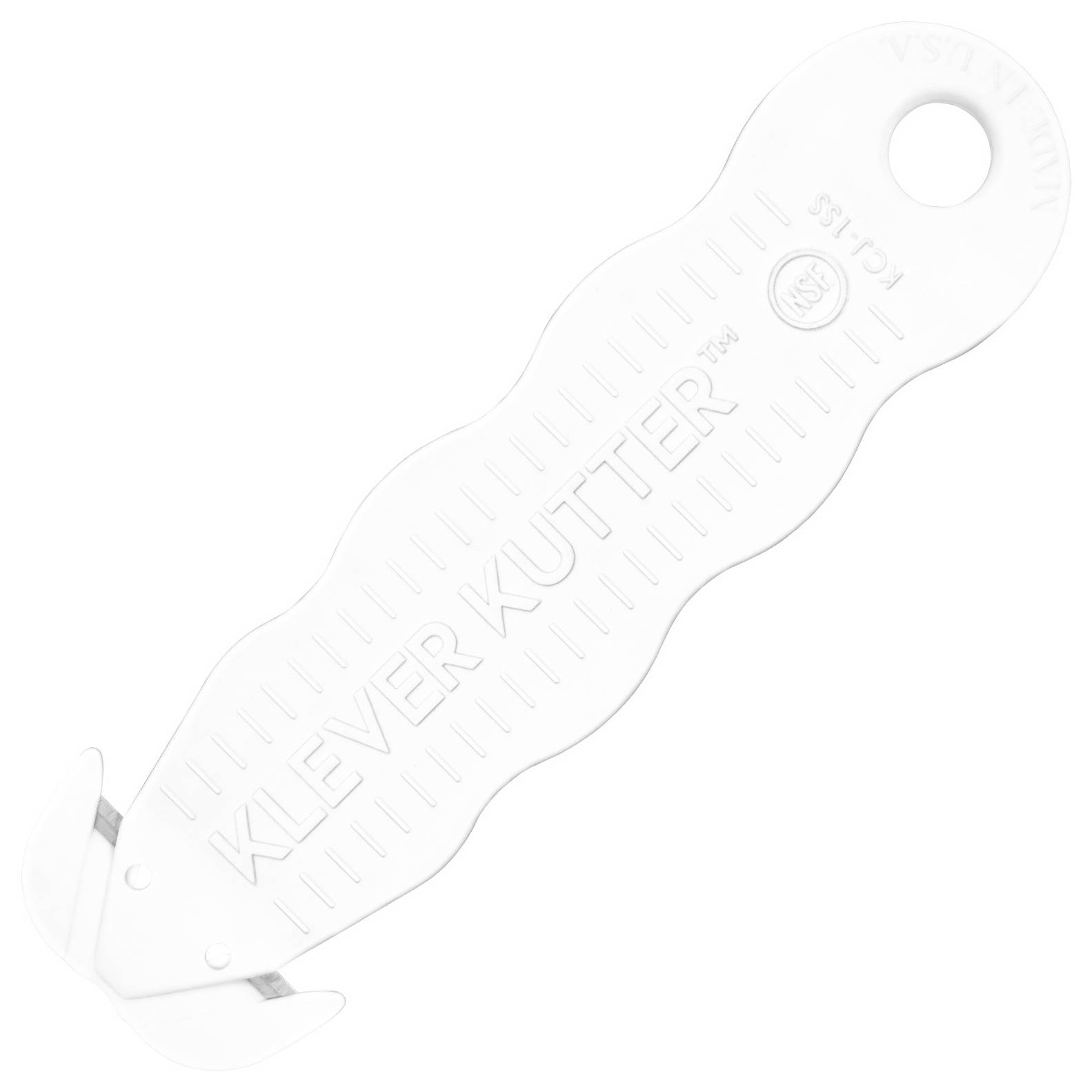 White plastic 'KLEVER KUTTER' safety cutter knife with a pointed blade and hanging hole, shown on a plain white background.