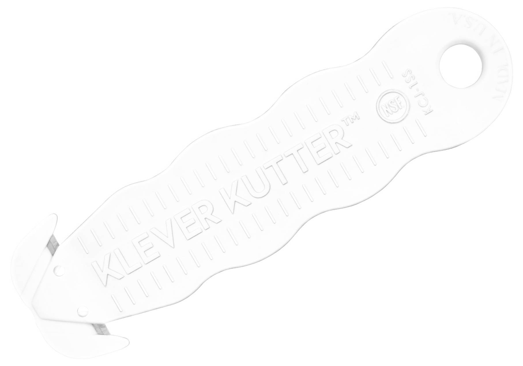 White utility knife cutter with curved handle, shown on a plain white background.
