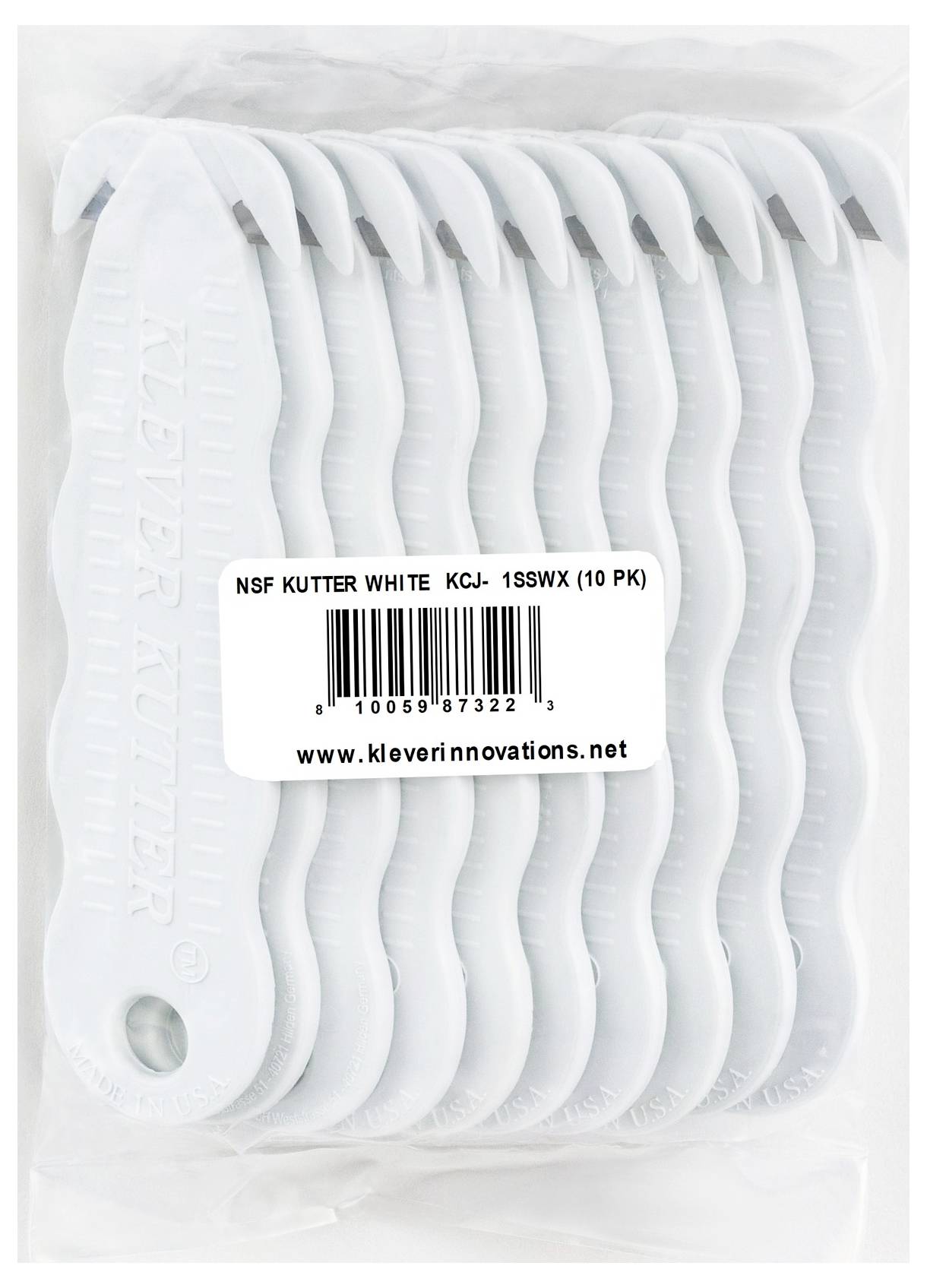 Package of white NSF Kutter plastic knives, labeled 'NSF KUTTER WHITE KCJ-1SSWX (10 PK)' with barcode.