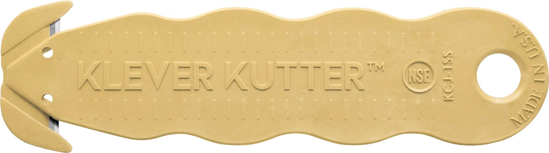 Golden plastic Klever Kutter safety cutter with a large finger hole and embossed brand name.