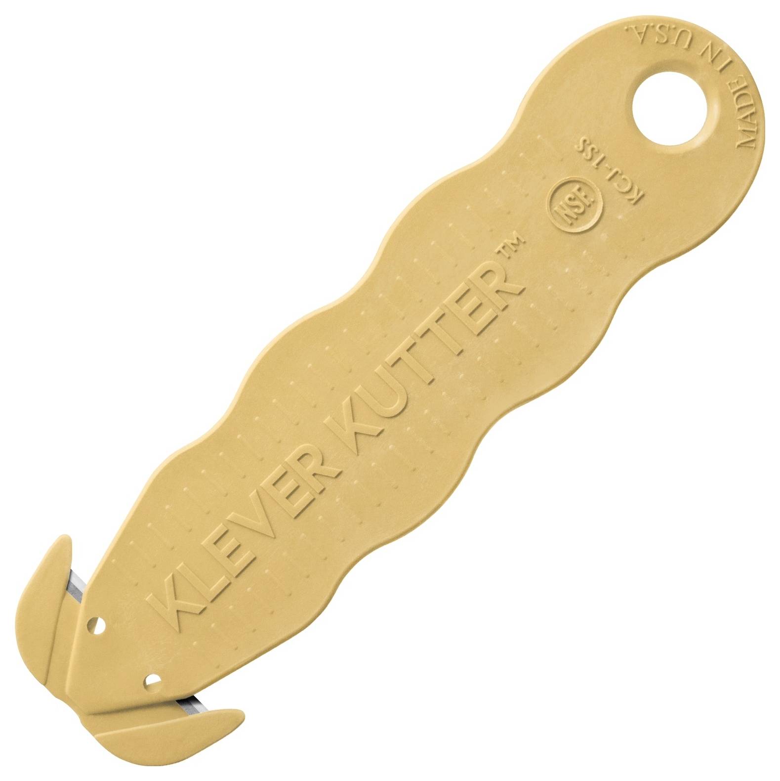 Golden-brown Klever Kutter safety box cutter with a rounded handle and concealed blade, shown on a white background.