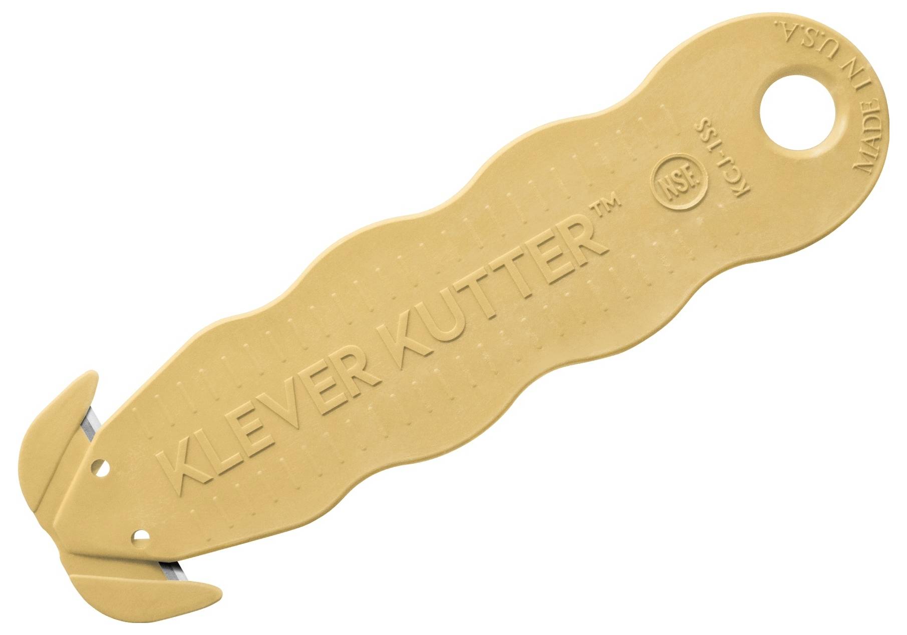 Gold-colored KLEVER KUTTER safety cutter with hooked blade and hanging hole, shown on a white background.