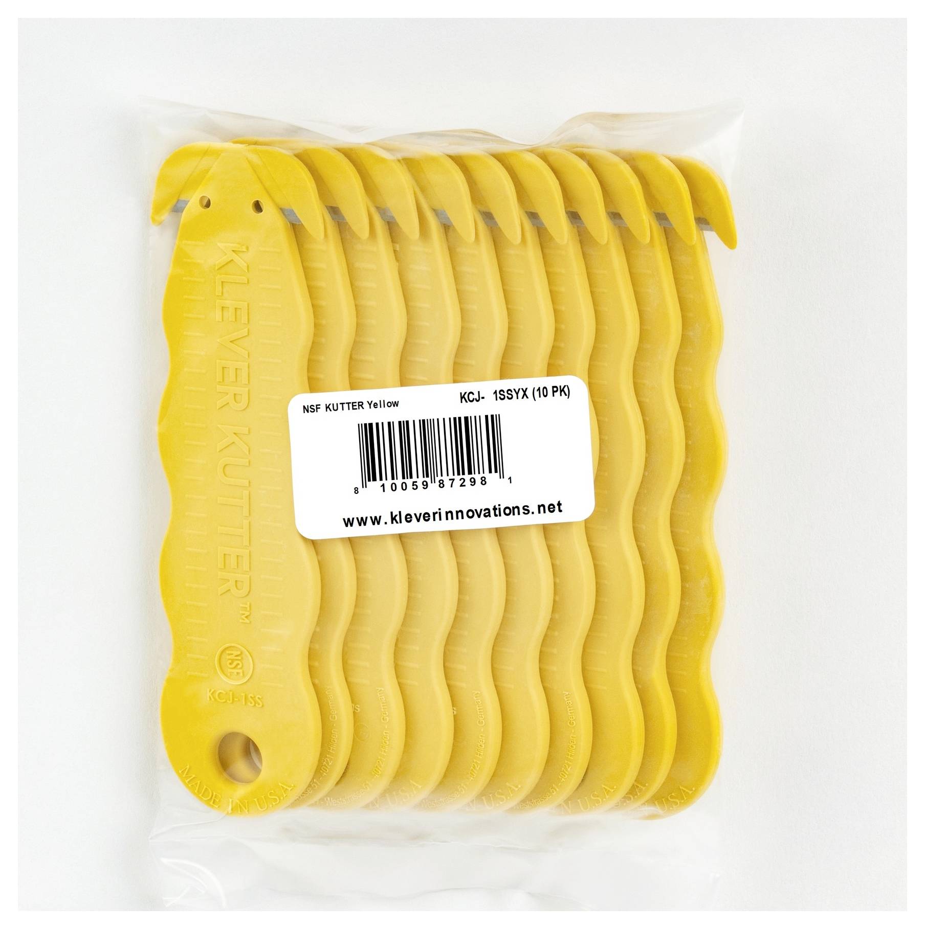 Package of yellow plastic NSF Kutter utensils, 10 pieces, labeled 'Klever Kutter' with barcode<br>