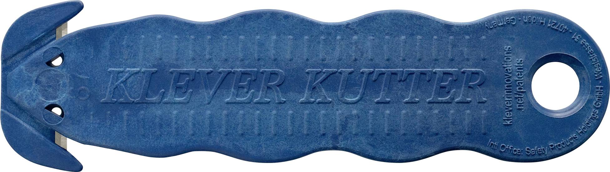 Blue Klever Kutter safety cutter knife with a large finger hole and curved blade, shown on a white background.