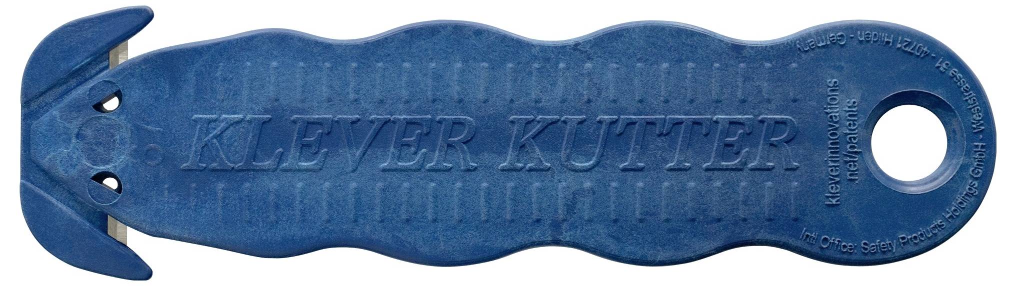 Blue plastic KLEVER KUTTER safety box cutter with a hand grip and circular hanging hole, shown on a white background.