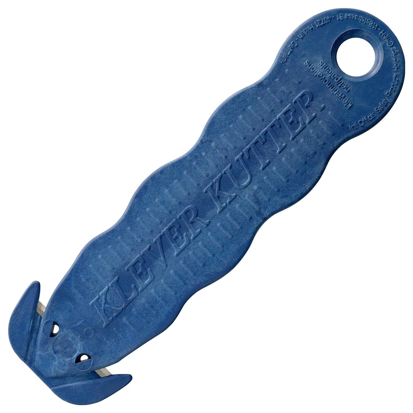 Blue plastic bag opener tool with a keyhole, labeled 'Klever Kutter', shown on a white background.