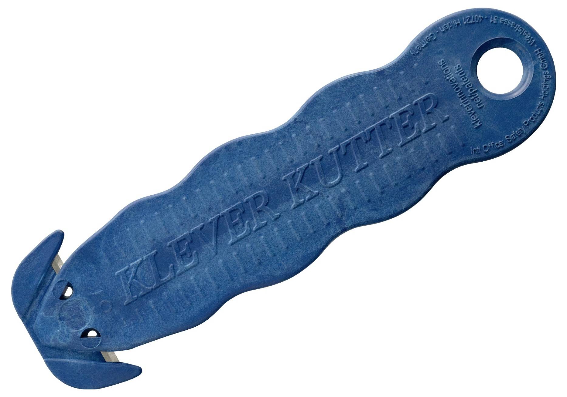 Blue Klein-Kutter utility knife with curved handle and circular hanging hole, shown on a white background.