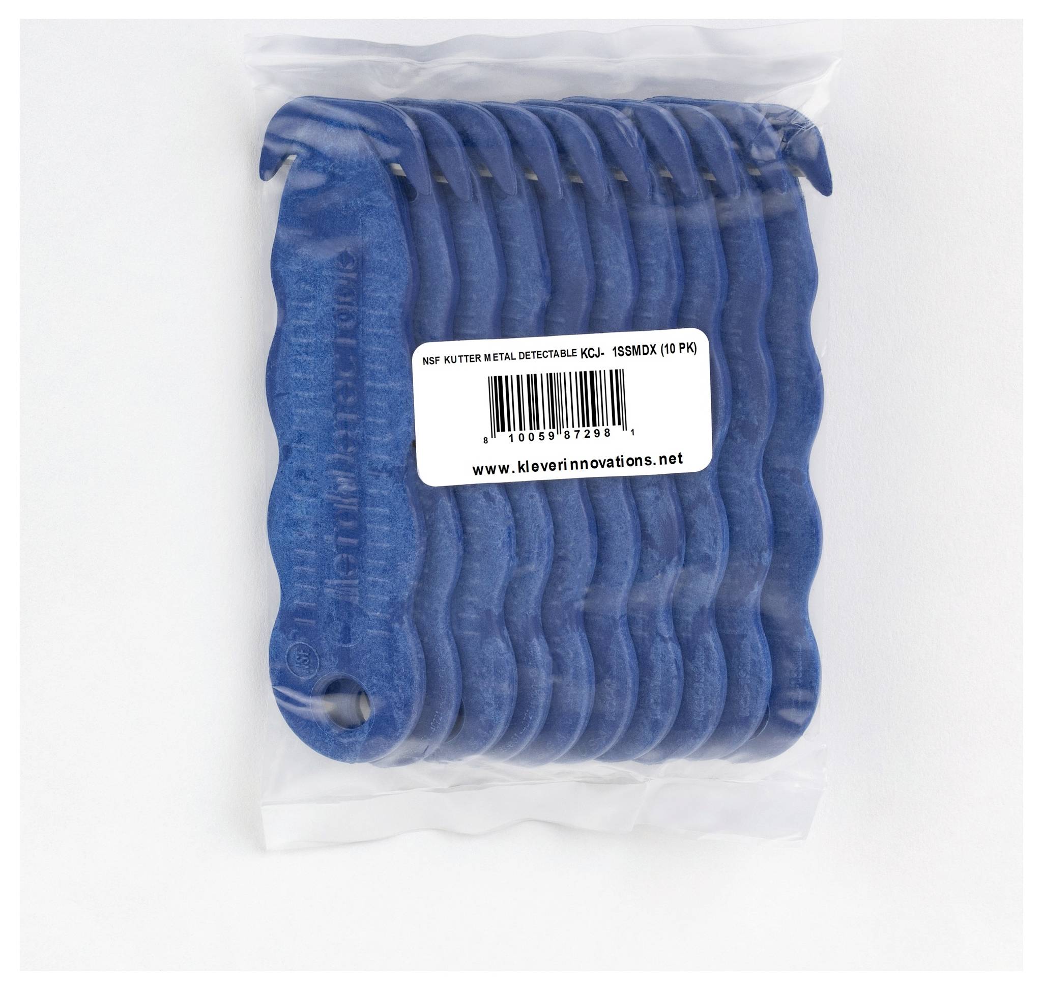 Packaged blue NSF Kutter metal detectable cable ties with barcode label in a clear plastic bag.