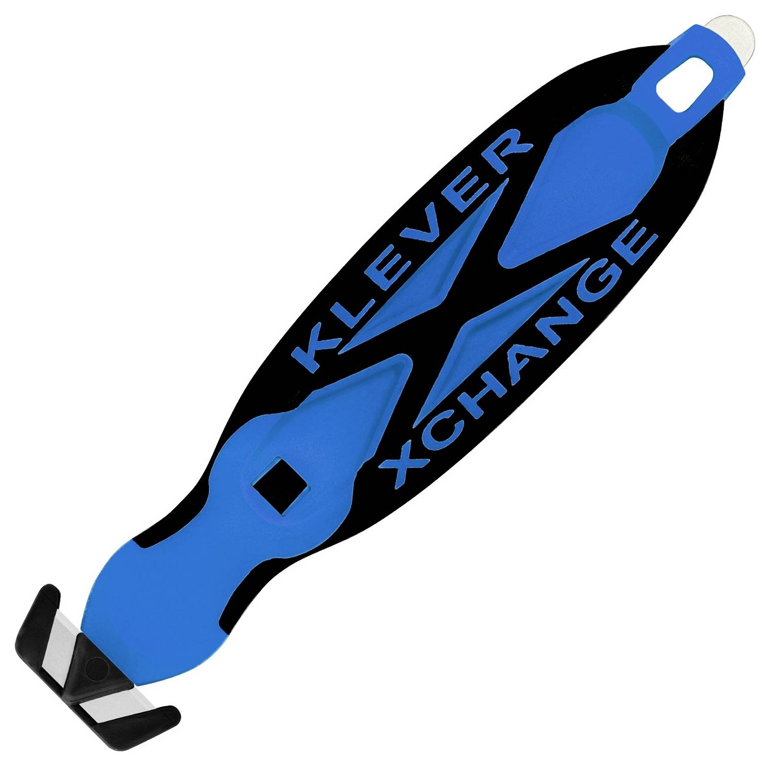Blue-and-black handheld tool with 'KLEVER XCHANGE' printed on it, shown on a white background.<br>