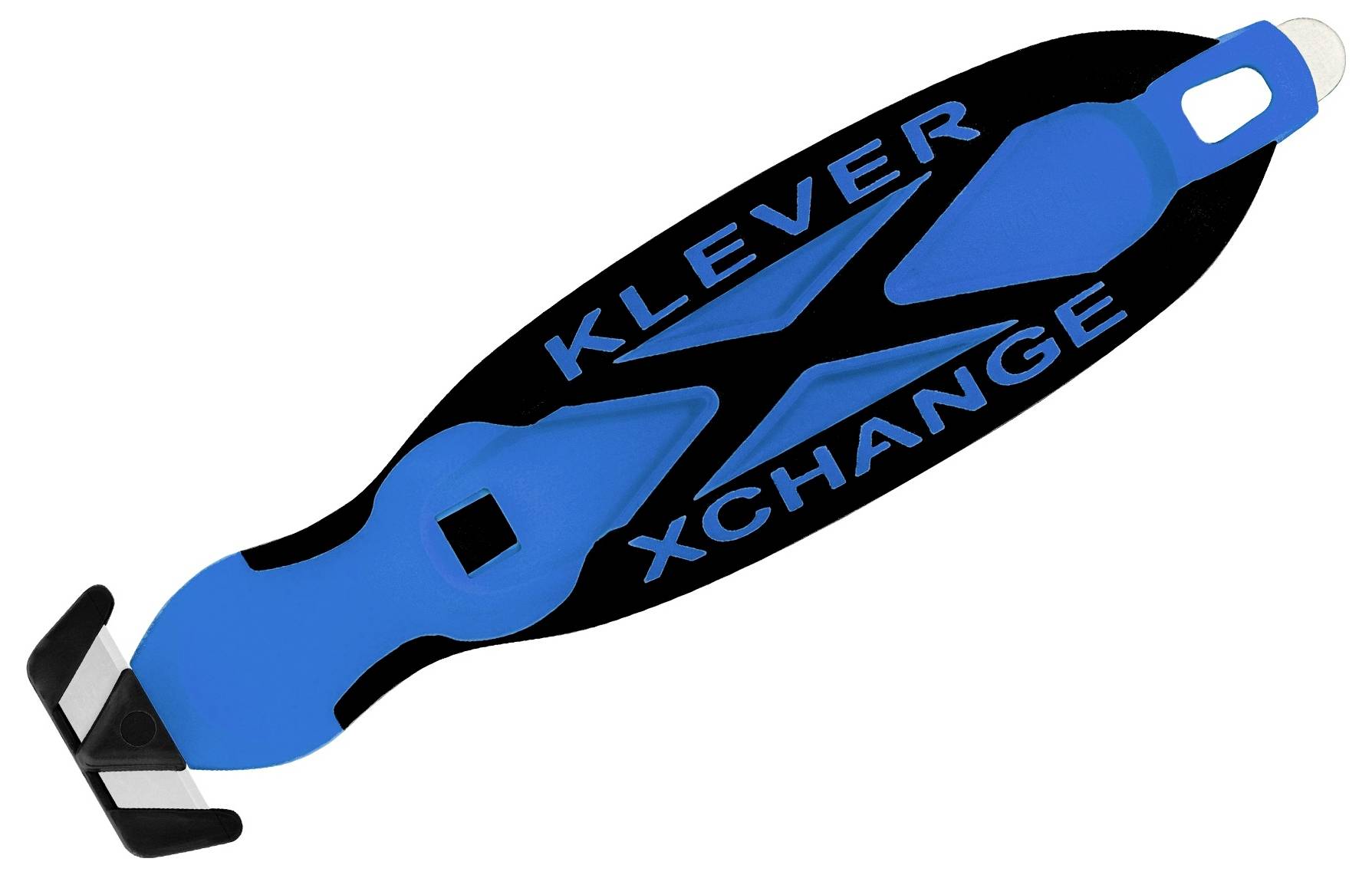 Blue and black handheld tool labeled 'KLEVER XCHANGE' with a hooked cutting head and replaceable blade.<br>