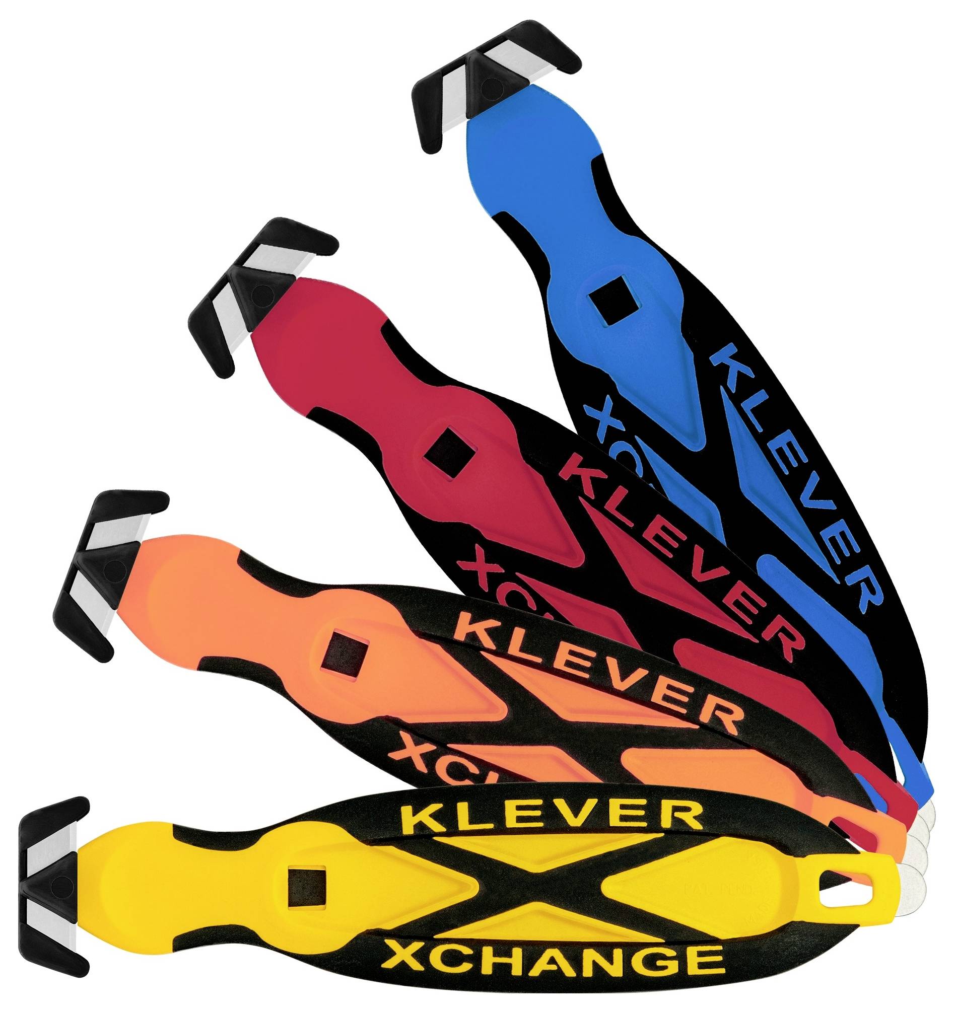 Four colorful Klever Xchange utility knives or box cutters fanned out on a white background.<br>