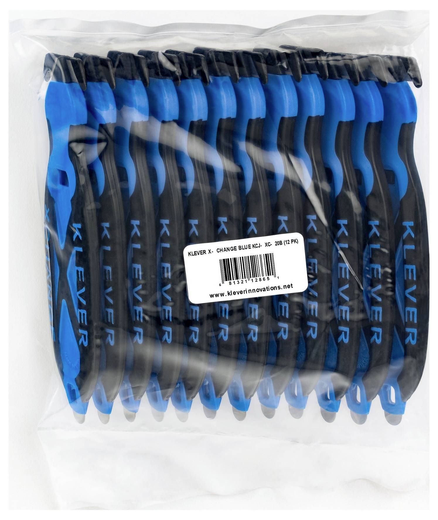 Bag of multiple blue and black KLEVER safety cutters with barcode label, sealed in clear plastic packaging.