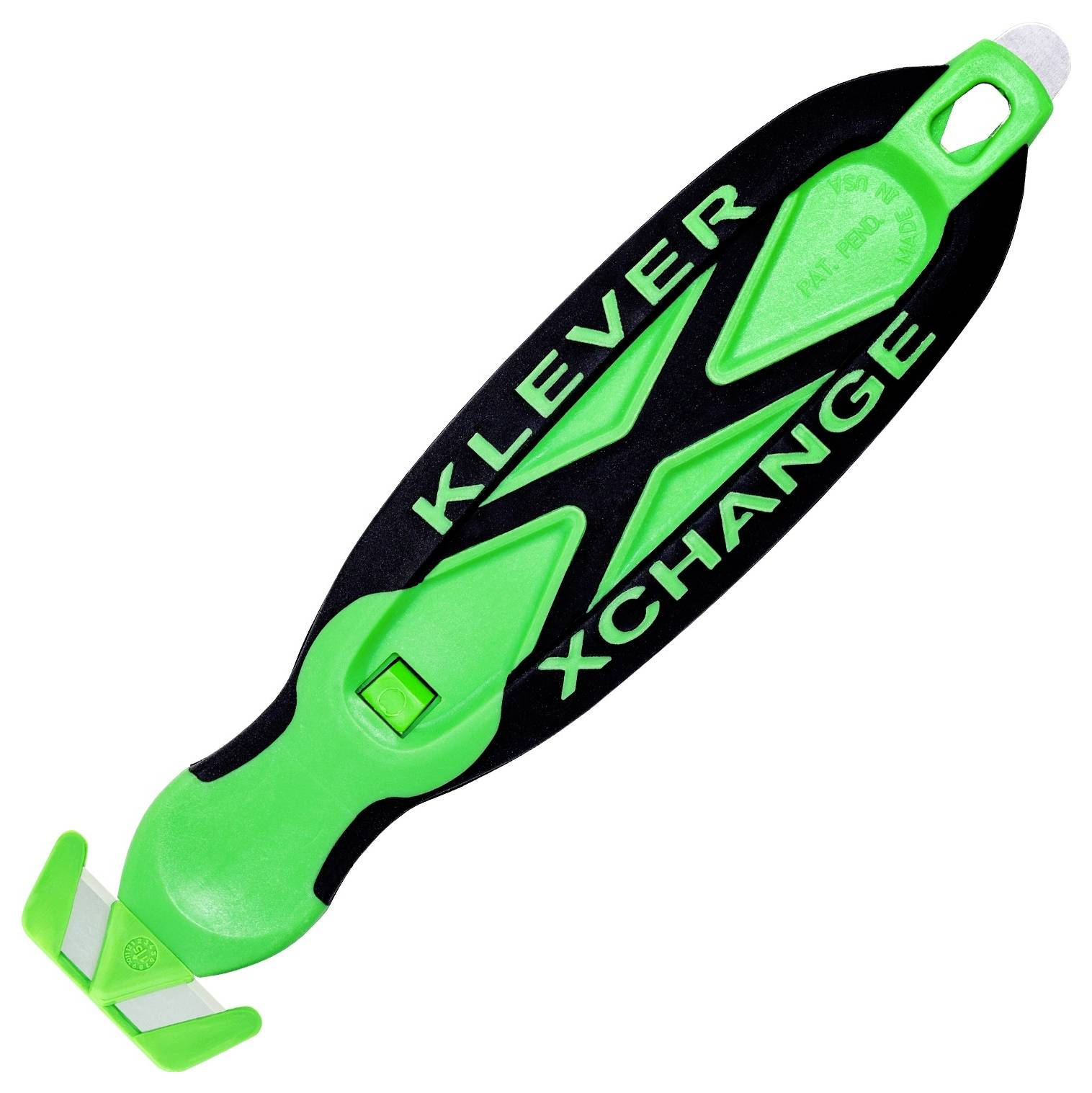 Green and black KLEVER XCHANGE utility cutter with safety blade, shown on a white background.