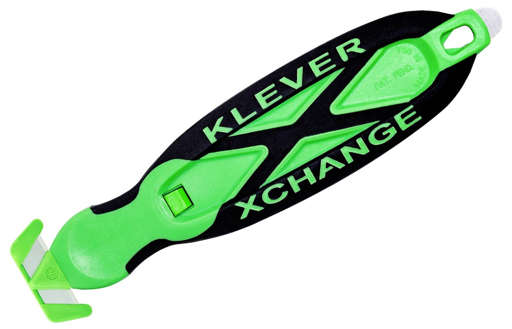 KLEVER XChange safety cutter with green and black handle and retractable blade, shown on a white background.