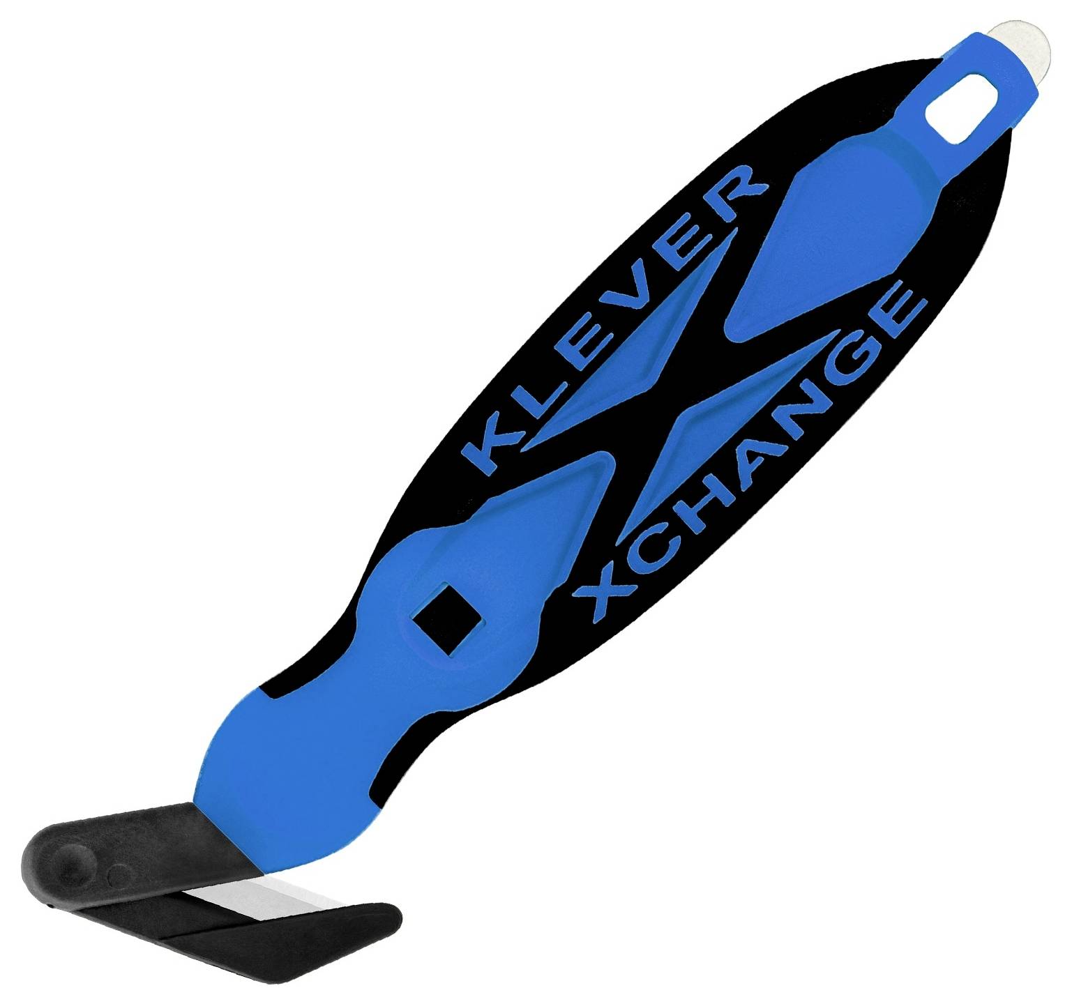 Blue and black KLEVER XCHANGE safety cutter with hook blade on a white background.