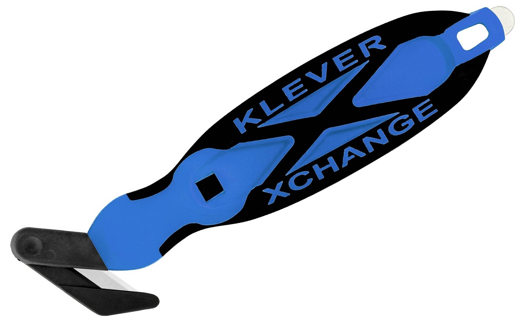Blue and black Klever Xchange safety cutter with a hooked blade for opening boxes and packages.