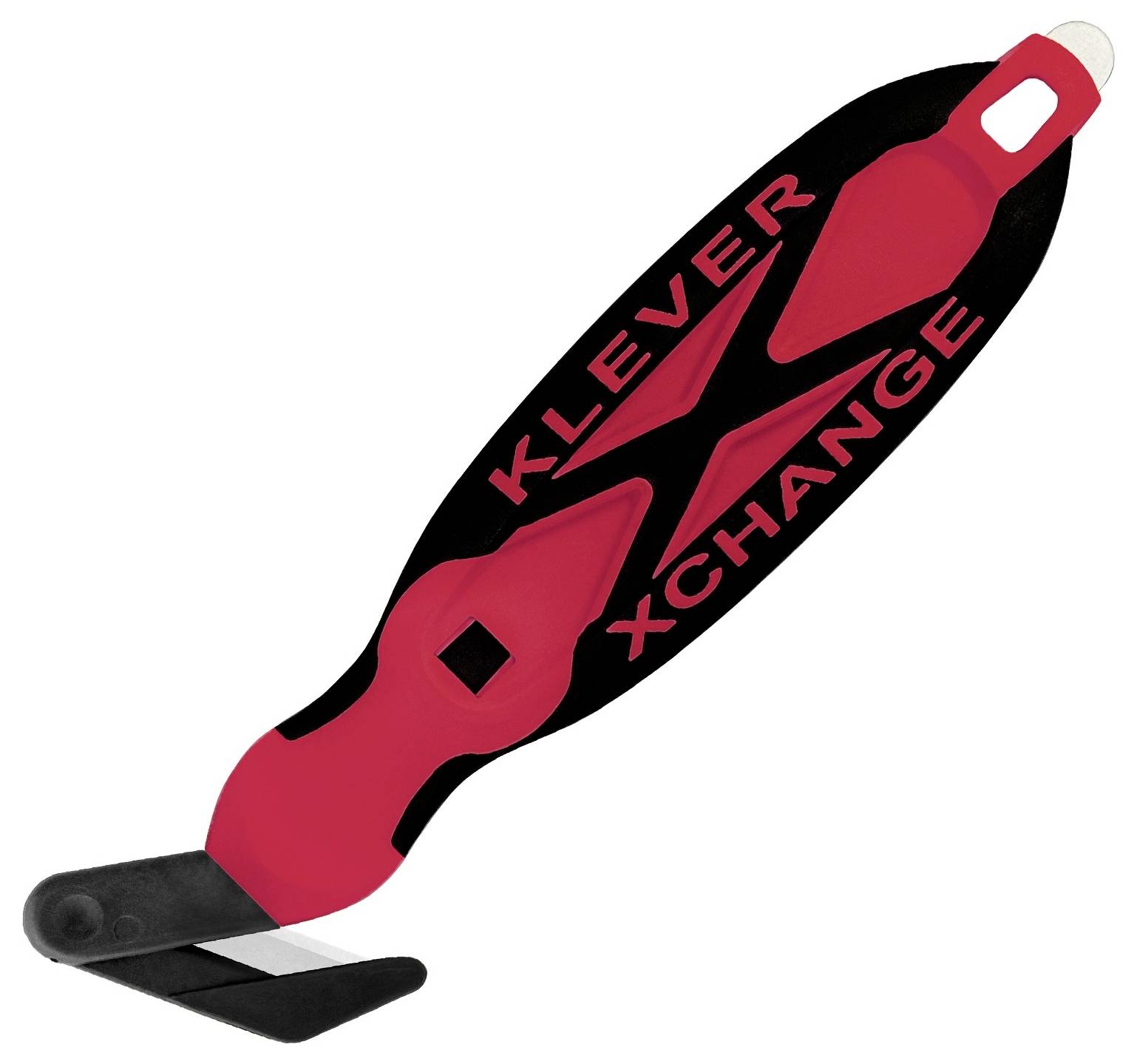 Red and black Klever XChange safety cutter with replaceable blade on white background.