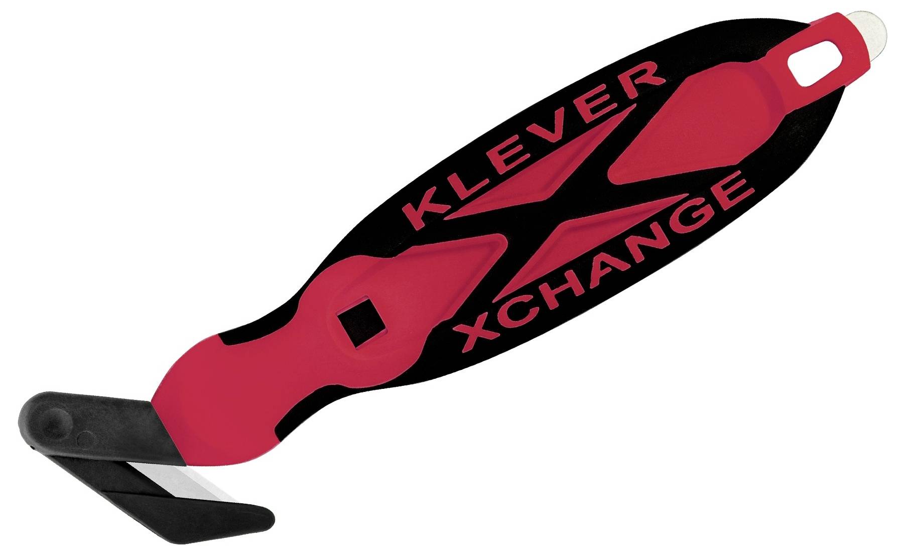 Red and black plastic hand tool labeled 'KLEVER XCHANGE' with a fold-out black safety blade, shown on a white background.