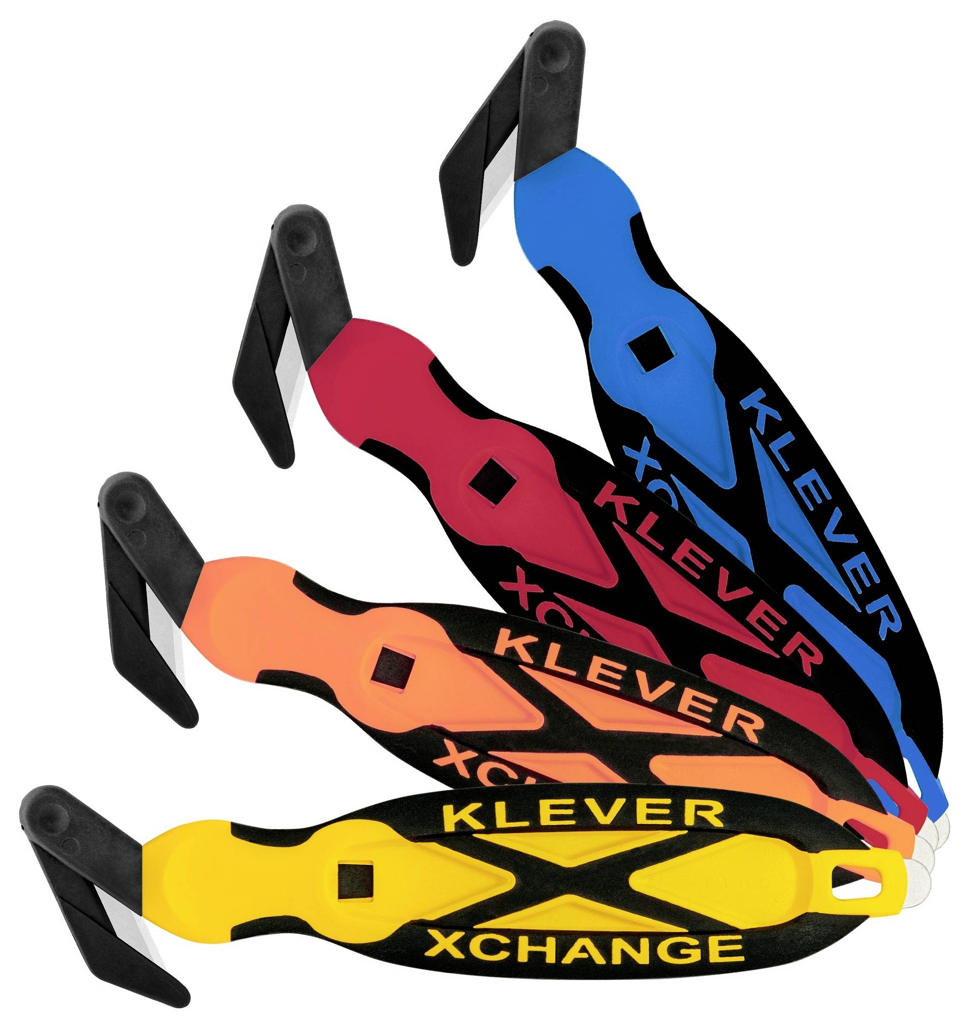Four colorful Klever box cutters with black hooked safety blades, arranged in a fan and labeled XCHANGE and KLEVER.