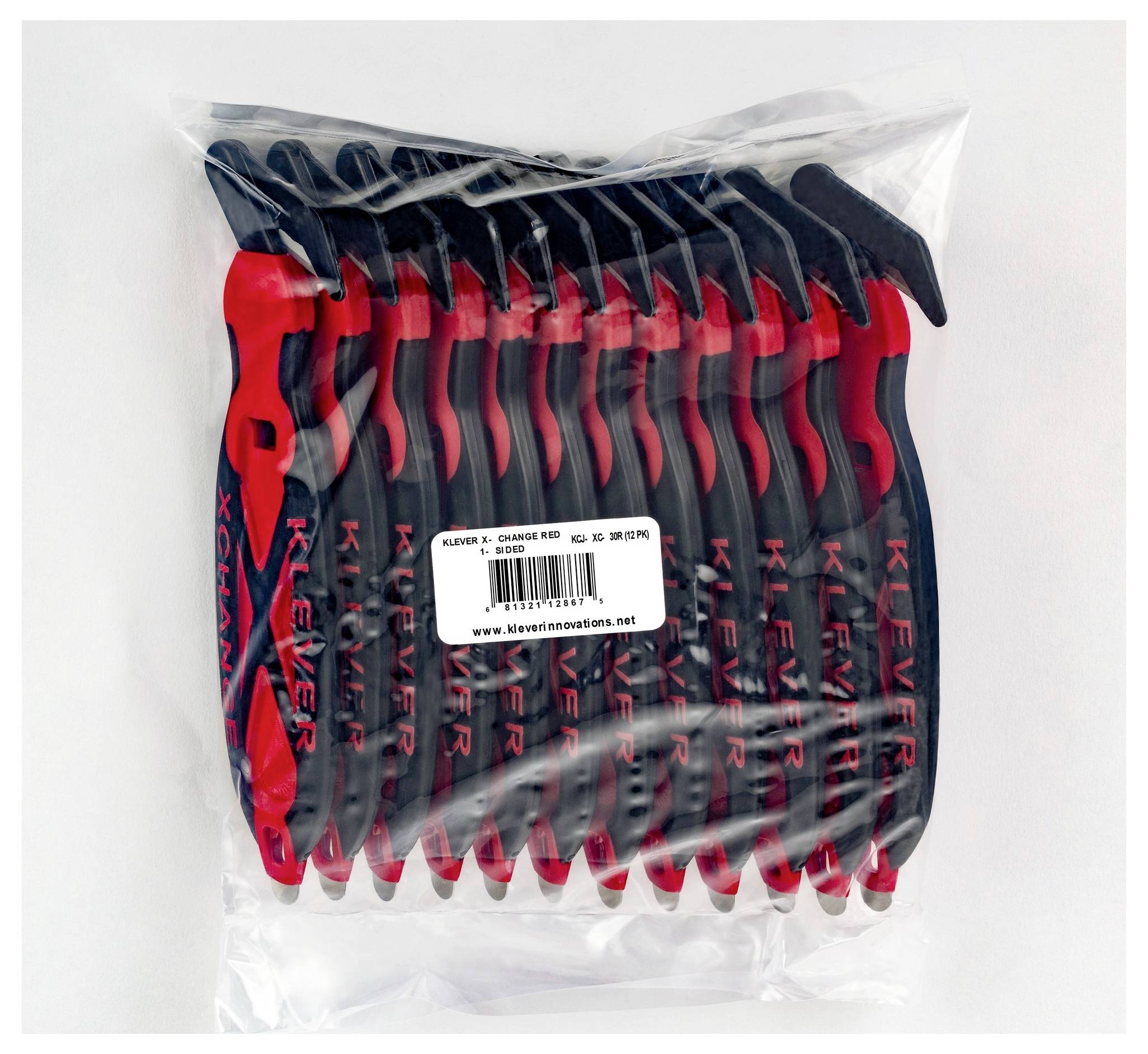 Clear plastic bag of red-and-black KLEVER safety box cutters, labeled 'KLEVER', stacked together with a barcode sticker on the front.