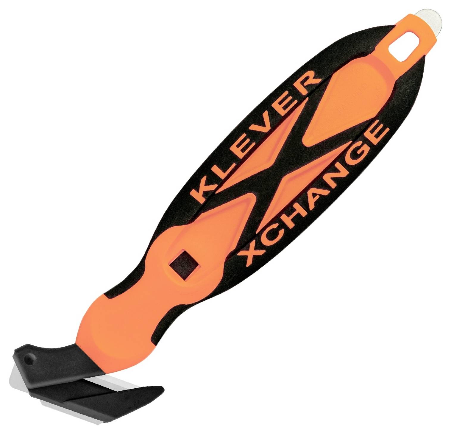 Orange and black Klever Xchange safety cutter with curved handle and protected blade for opening packages.