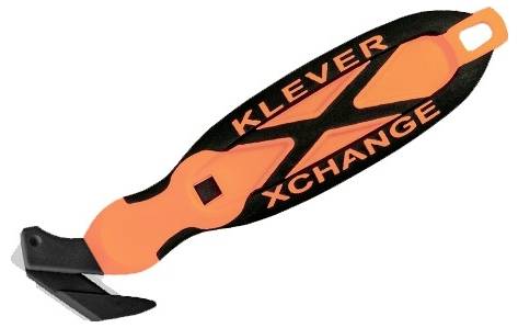 Orange and black Klever Xchange safety cutter with hooked blade and hanging loop<br>