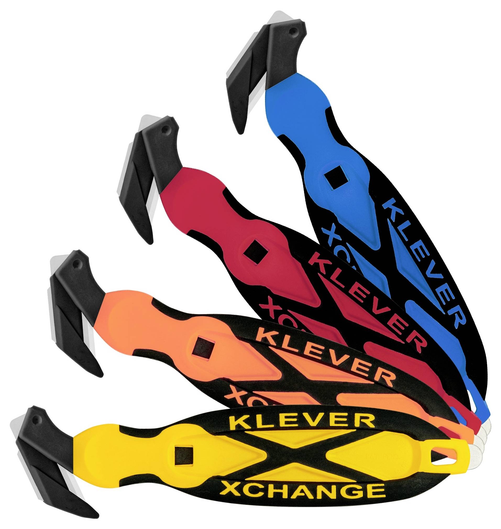 Four colorful KLEVER XCHANGE utility tools with hooked black blades, stacked in yellow, orange, red, and blue on a white background.