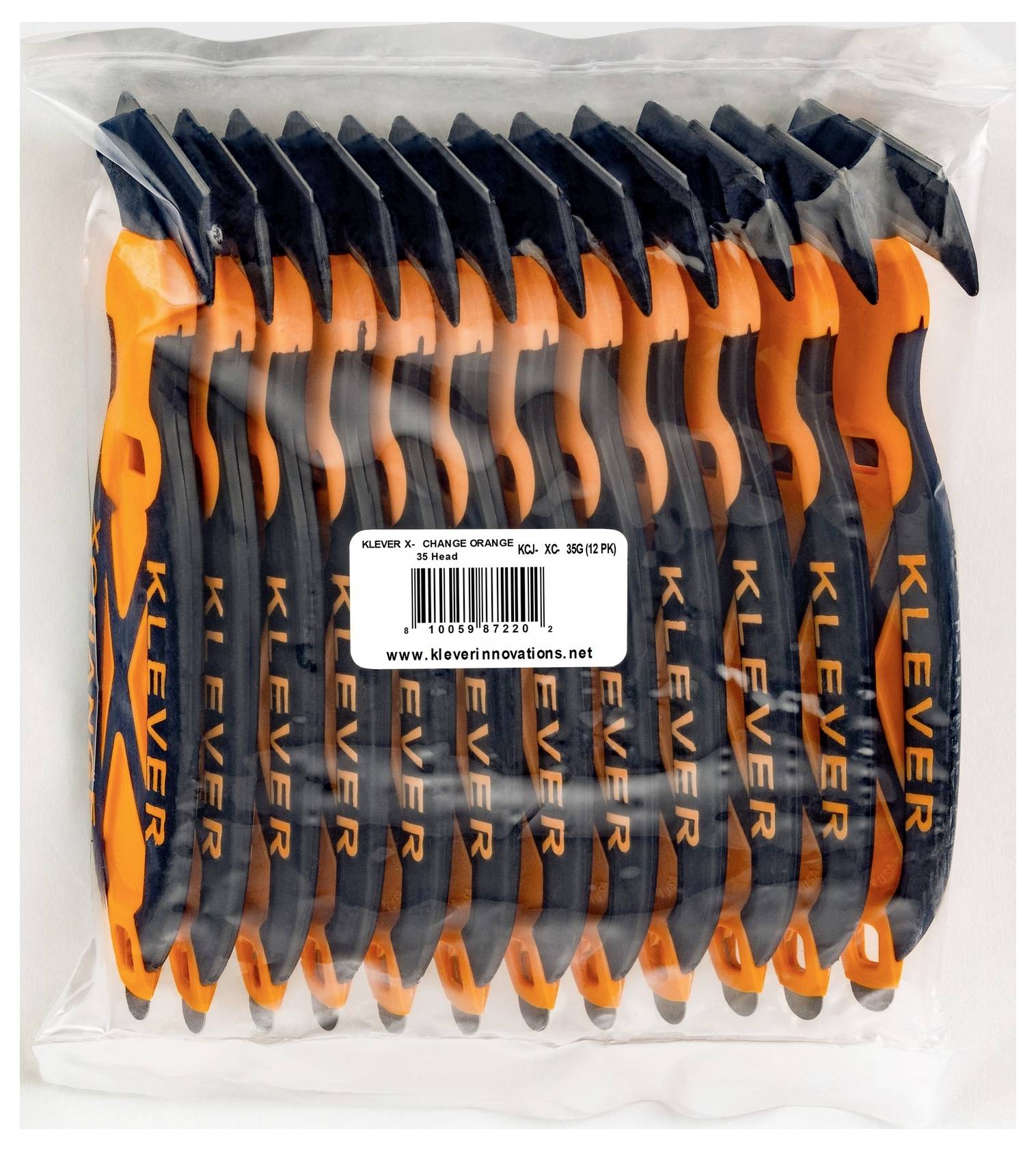 A clear plastic package of multiple orange-and-black KLEVER X-Change safety knives with a product label and barcode.