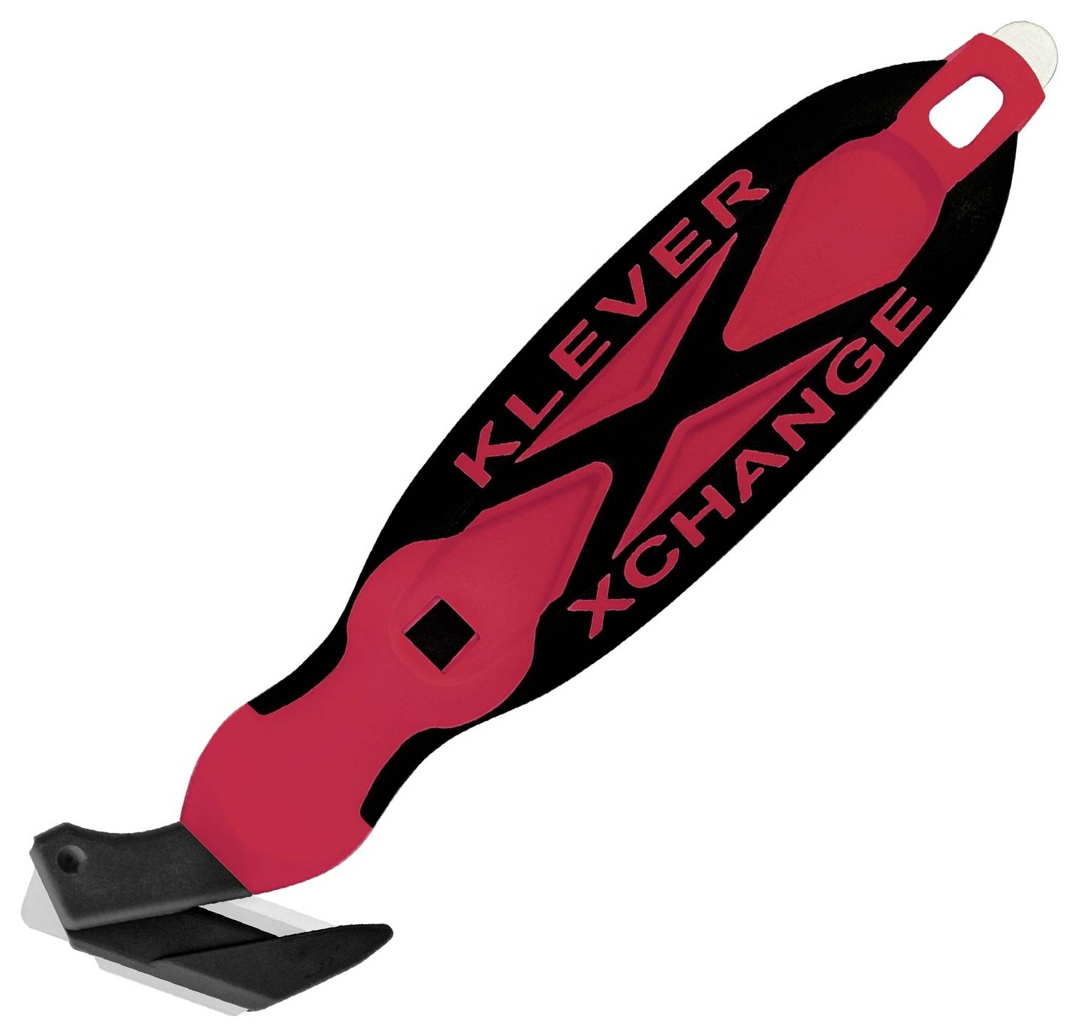 Red-and-black Klever XChange hand tool with curved blade and black base, shown on a white background.