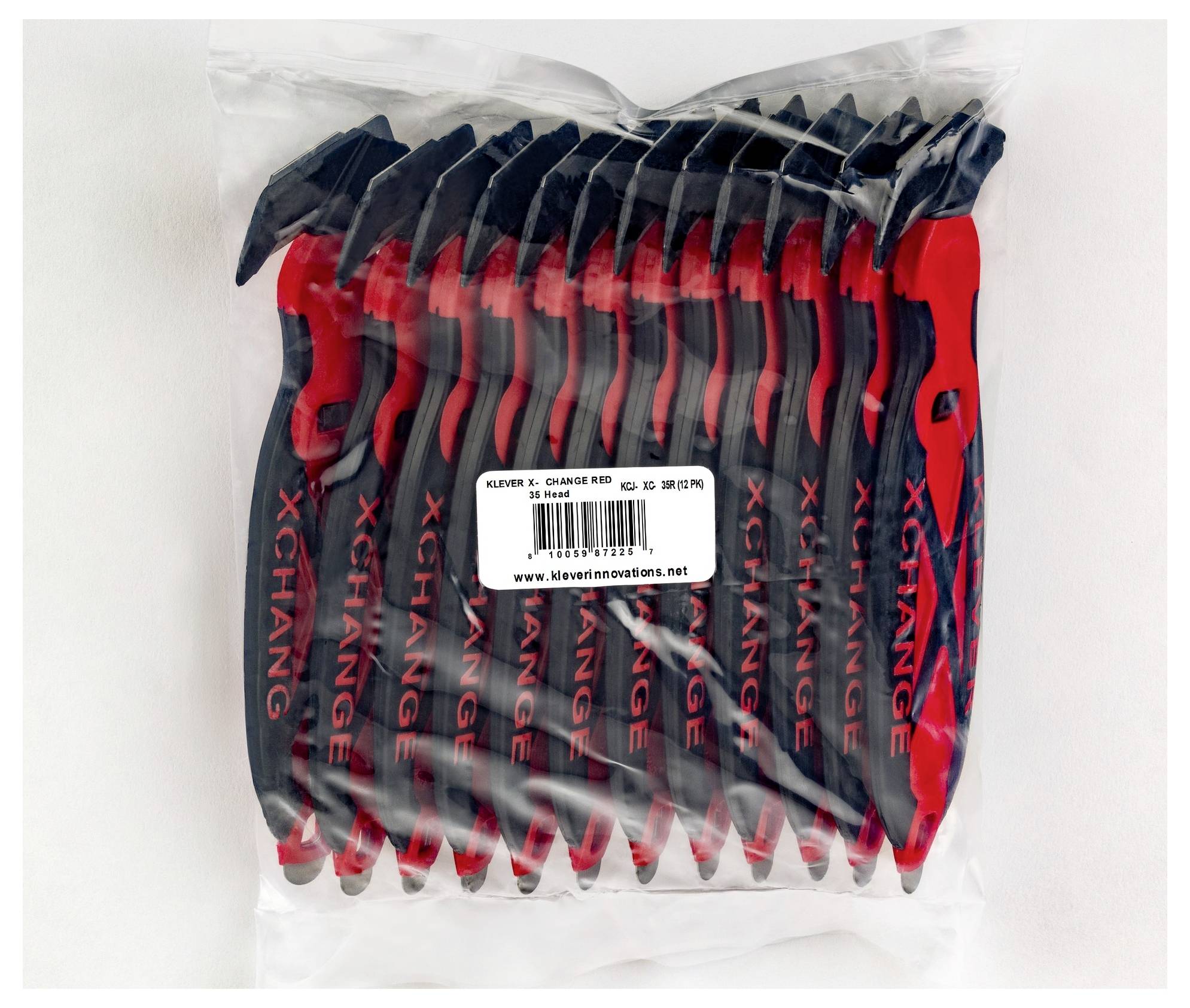 Package of red-and-black 'XCHANG' golf club headcovers in a clear plastic bag, with a product label visible on the front.