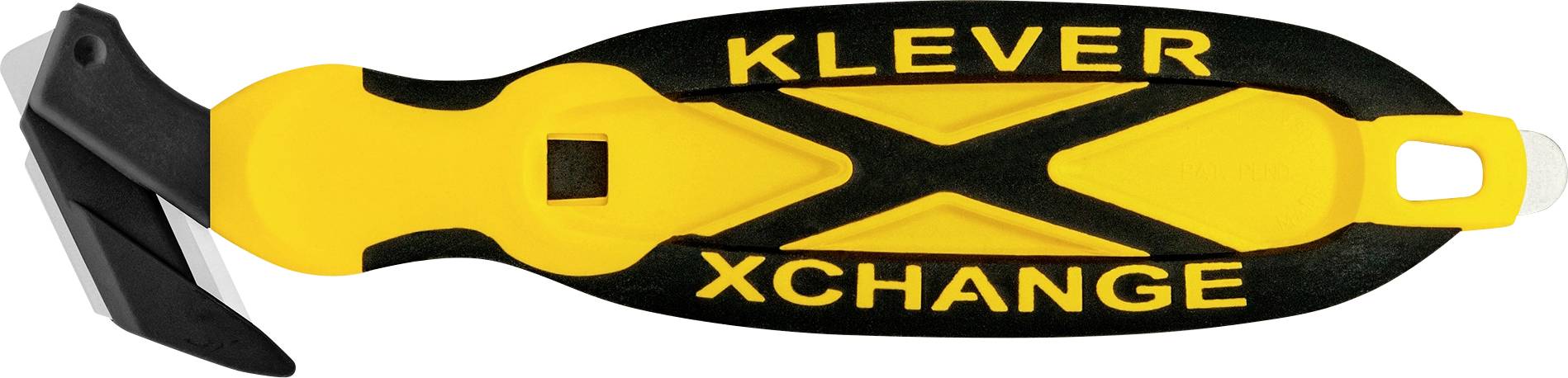 Yellow-and-black KLEVER XCHANGE utility knife with a black blade guard and lanyard hole, shown in side view.