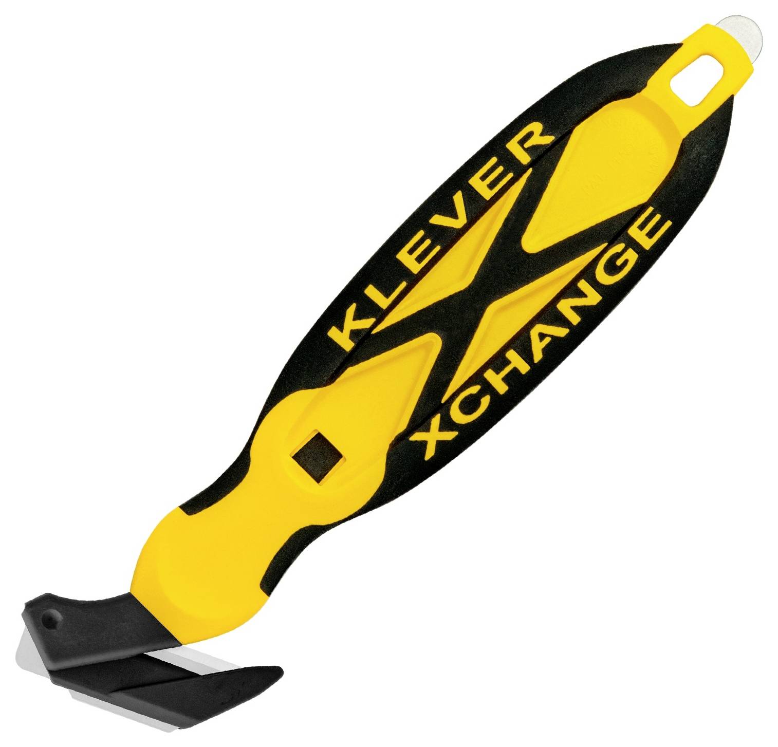 Yellow-and-black Klever XChange safety cutter with black blade guard, shown on a white background.