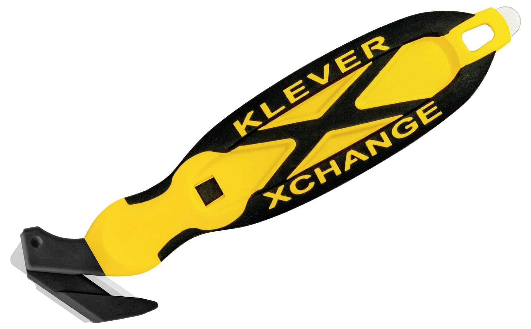 Klever Xchange safety cutter with yellow and black handle, shown isolated on a white background.