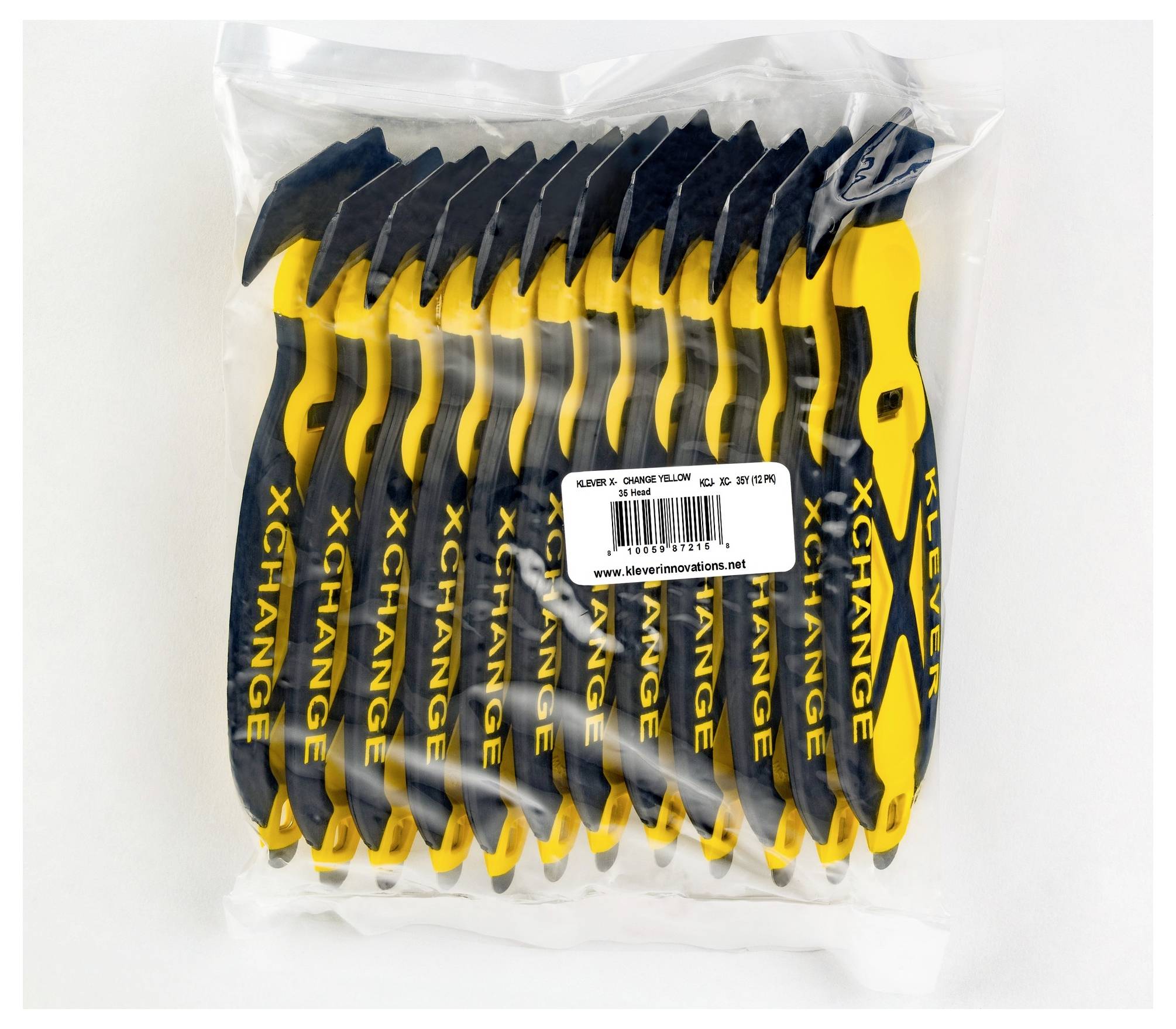 A clear plastic bag filled with multiple yellow-and-black claw hammers, labeled 'XCHANGE' and 'www.leverinnovations.net'.