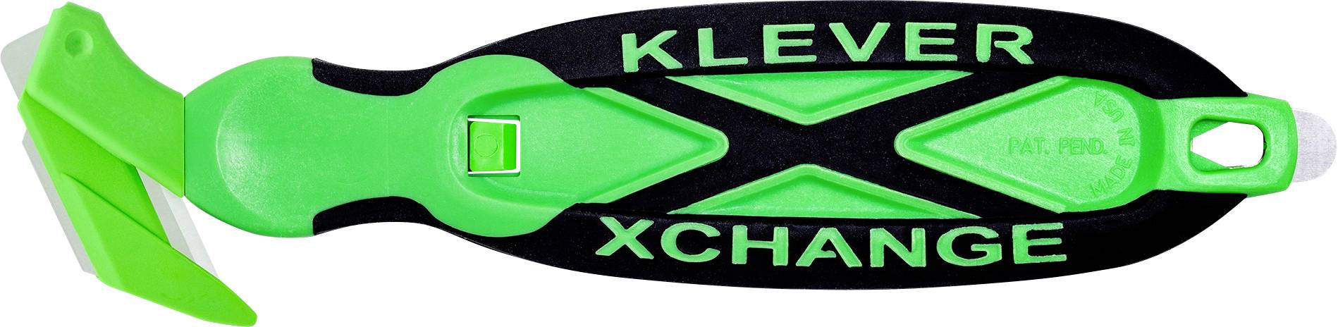 Black and green KLEVER XCHANGE manual sharpener with a curved handguard and a large angled blade area.