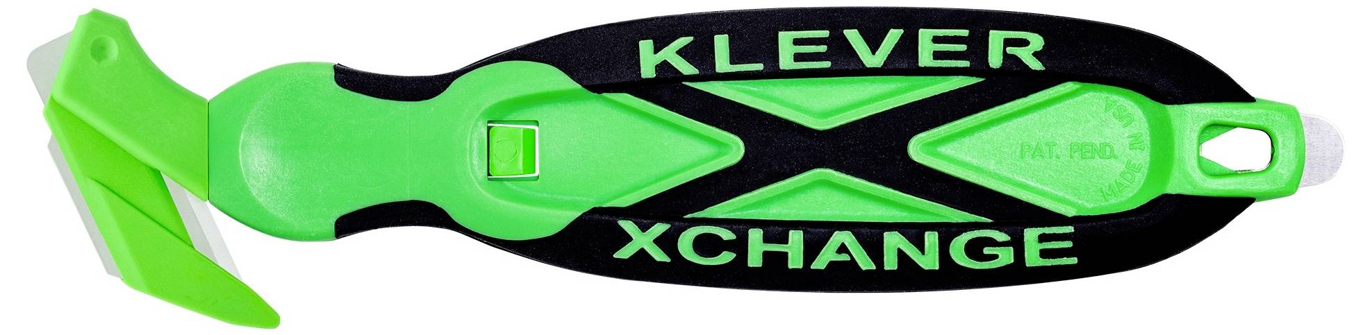 Green and black Klever Xchange utility knife with a bright green blade and handle on a white background.